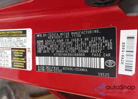 2009 Toyota Camry Le from USA, damaged, VIN 4T1BE46K99U388969